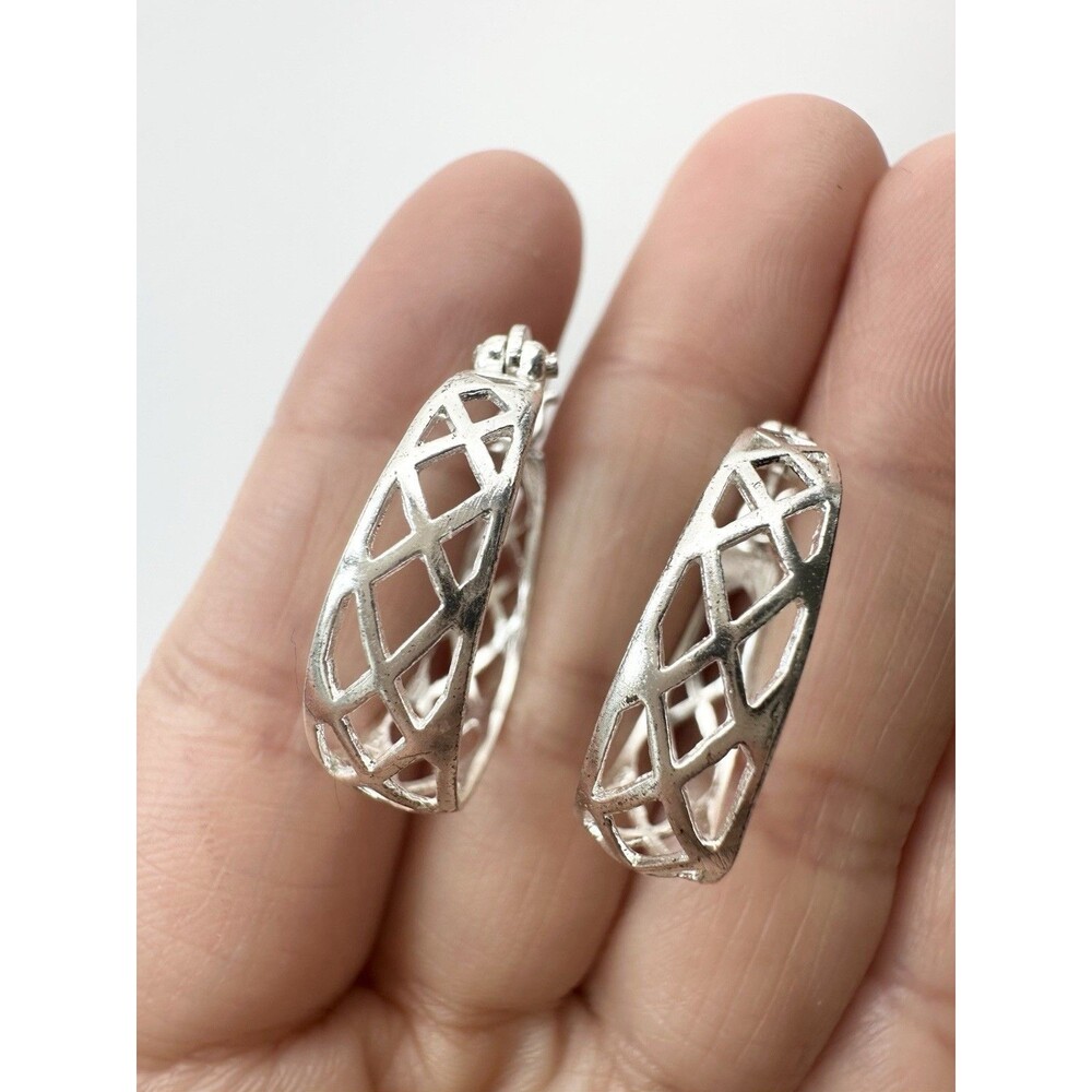 Sterling Silver 925 IBB TH Openwork Hoop Earrings Filigree Hinged Top Lock